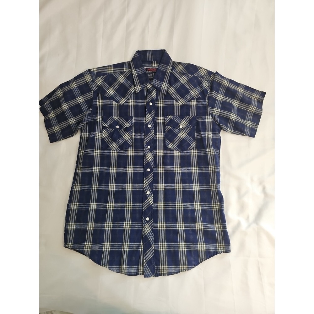 Williams Bay‎ Pearl Snap Shirt Men L  Short Sleeve Blue Plaid Western Rodeo